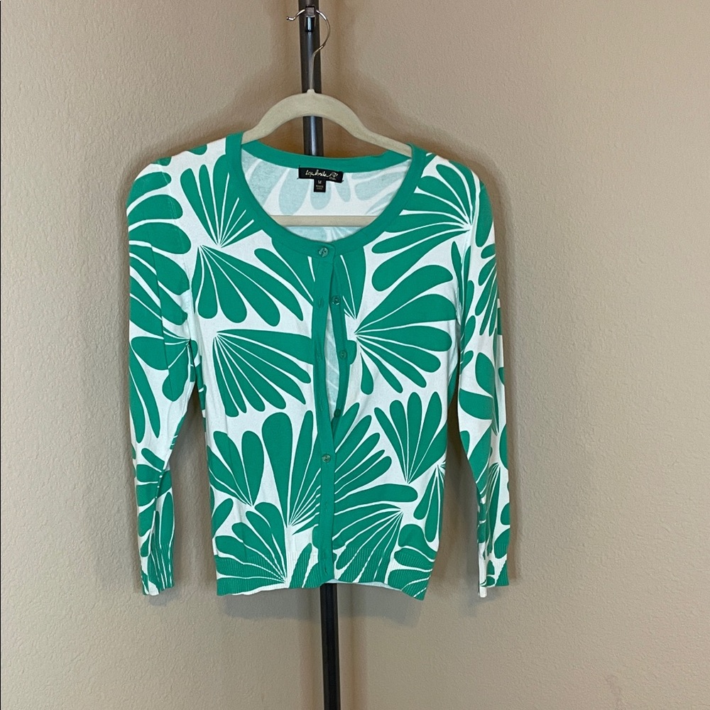 Trina Turk Green and White Leaf Print Blouse